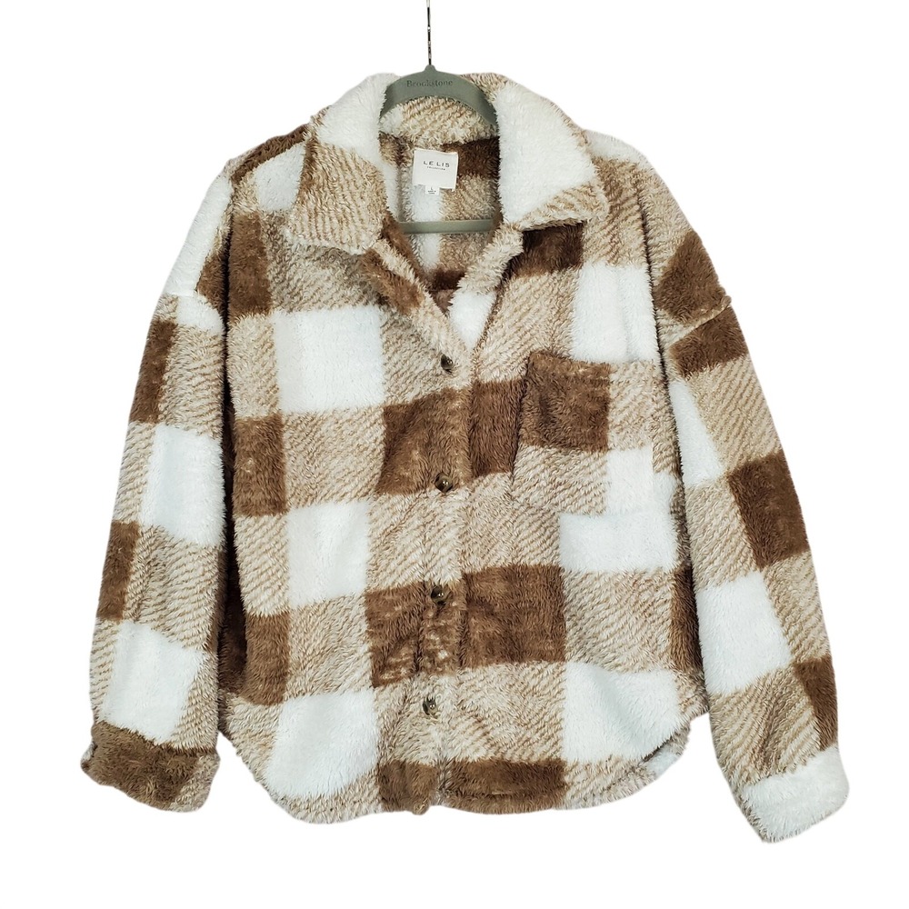 LE LIS Plaid Teddy Shacket Women Lg Brown Oversized Faux Fur Button Up Cozy Warm
